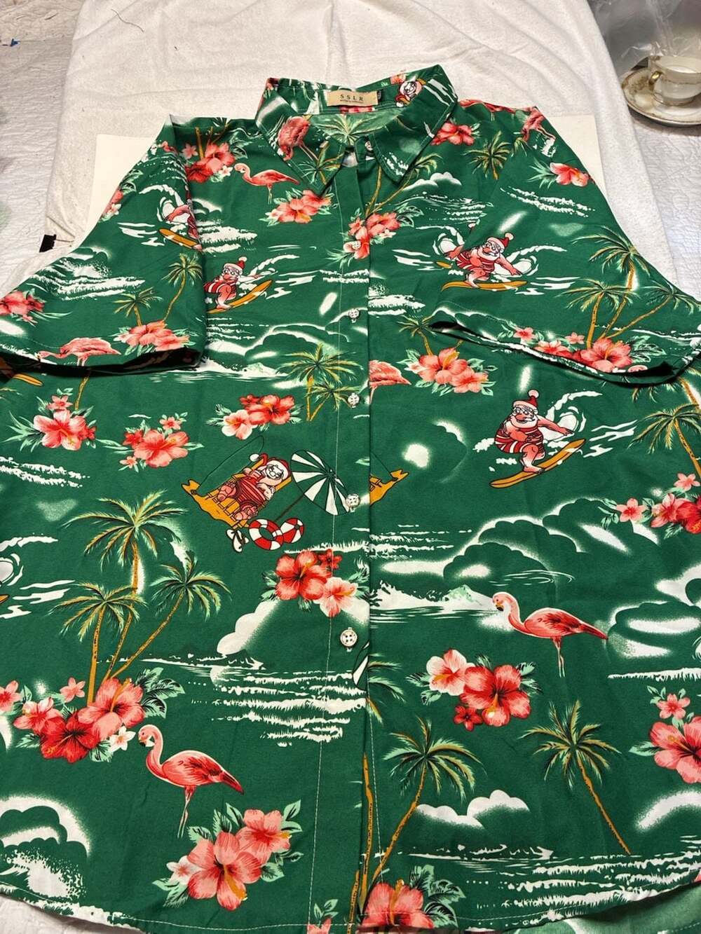 SSLR Women's Collection Short Sleeve Hawaiian Shirt with Surfing Santa and Flami